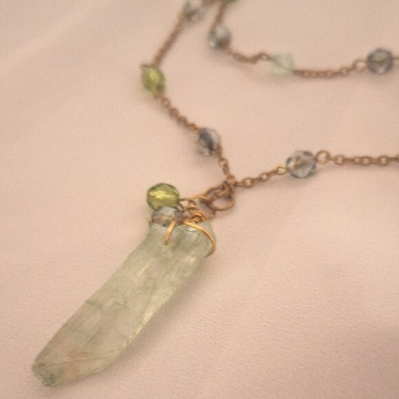 Artisan Double Strand Gold Chain Green Crystal Quartz Necklace - Picture 2 of 5